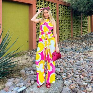 Trina Turk Bright Pink & Yellow Floral Halter Wrap Top S